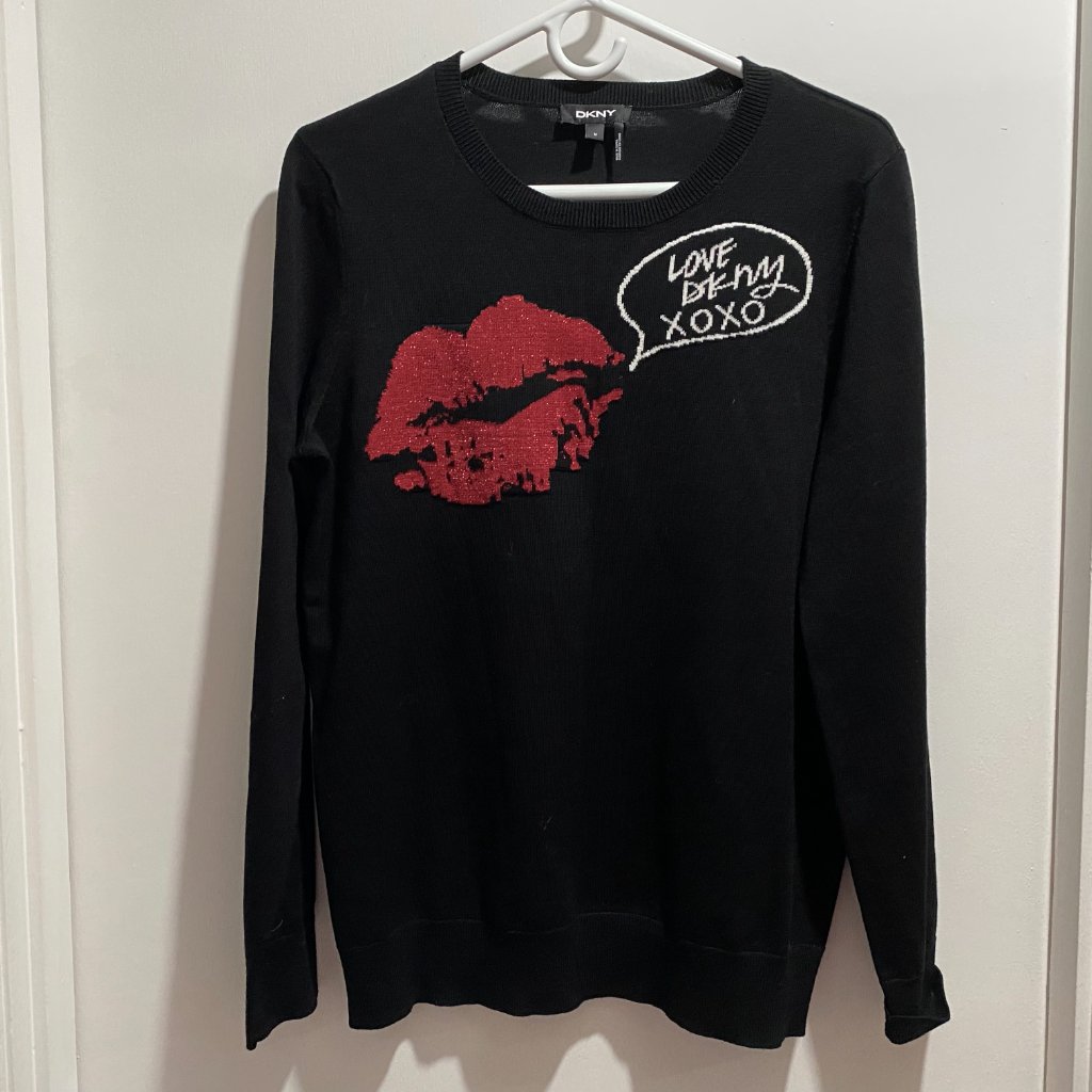 Dkny "Love Dkny" Lips Kiss Lurex Tight Knit Crew Neck Festival Boho Sweater M
